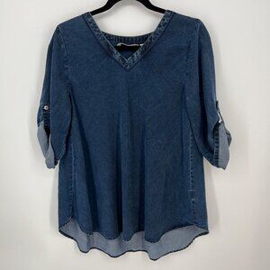 Soft Surroundings Womens Chambray Pullover Top Size S Petite Roll Tab Oversized